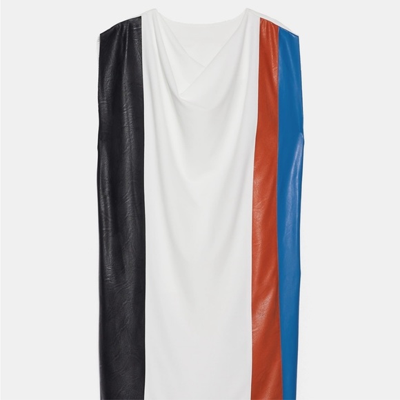 ZARA Color Block Knee-length Cowl Neck Dress White Ecru Black Blue Sleev… - Picture 8 of 16